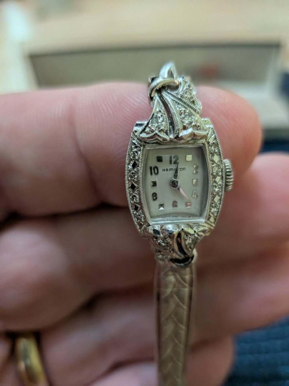 Vintage Hamilton Ladies White Gold Filled Art Deco Manual Wind Watch w/ Box - Picture 5 of 7